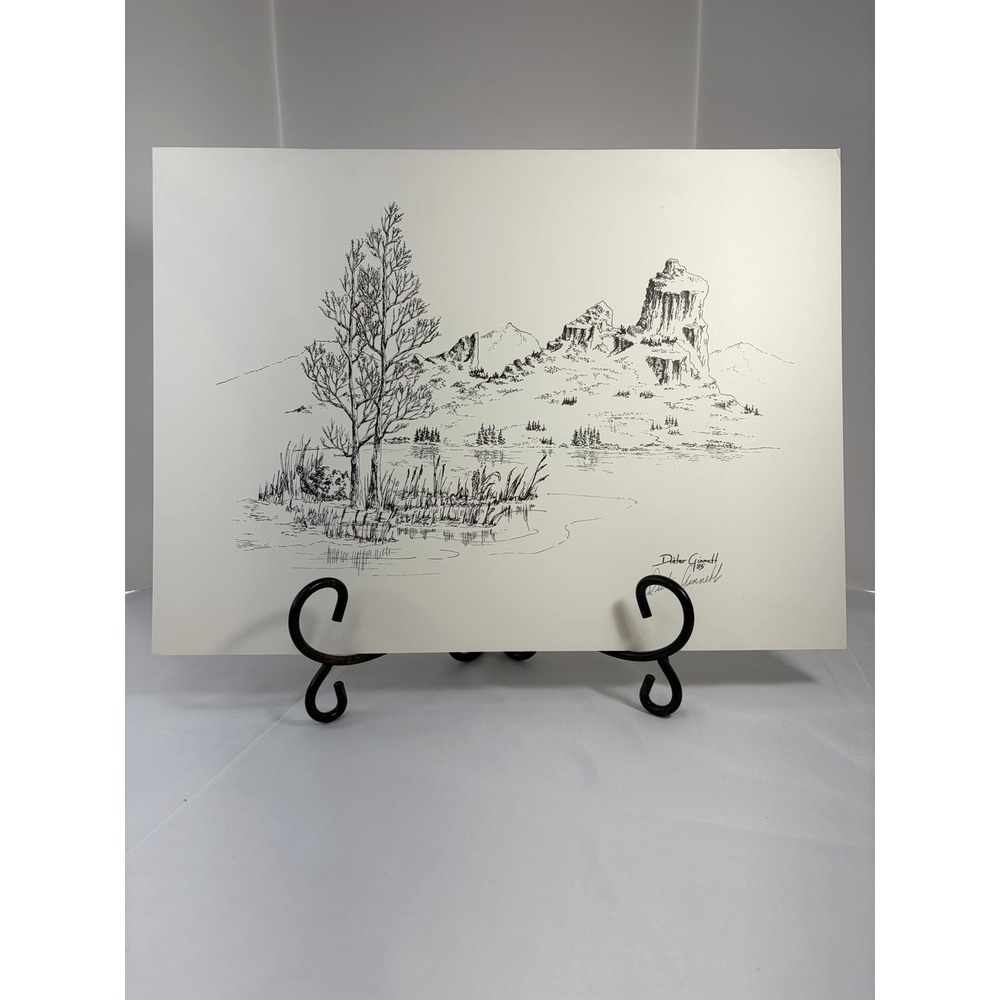 Dieter Ginnett Pen Ink Drawing Art 1985 Signed Mountain Landscape Sketch Vintage